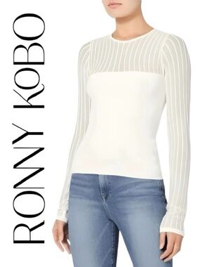 RONNY KOBO Off White Long Sleeve Sheer Ribbed Stretchy Sweater Top M L